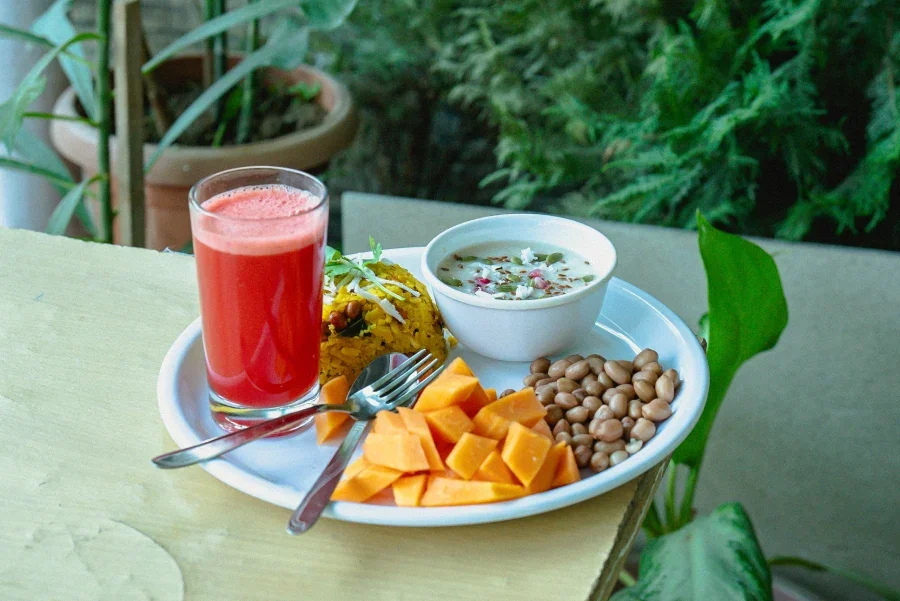 Sattvic breakfast plate served in the garden