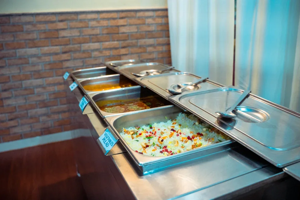 Freshly cooked vegetarian dishes on the buffet